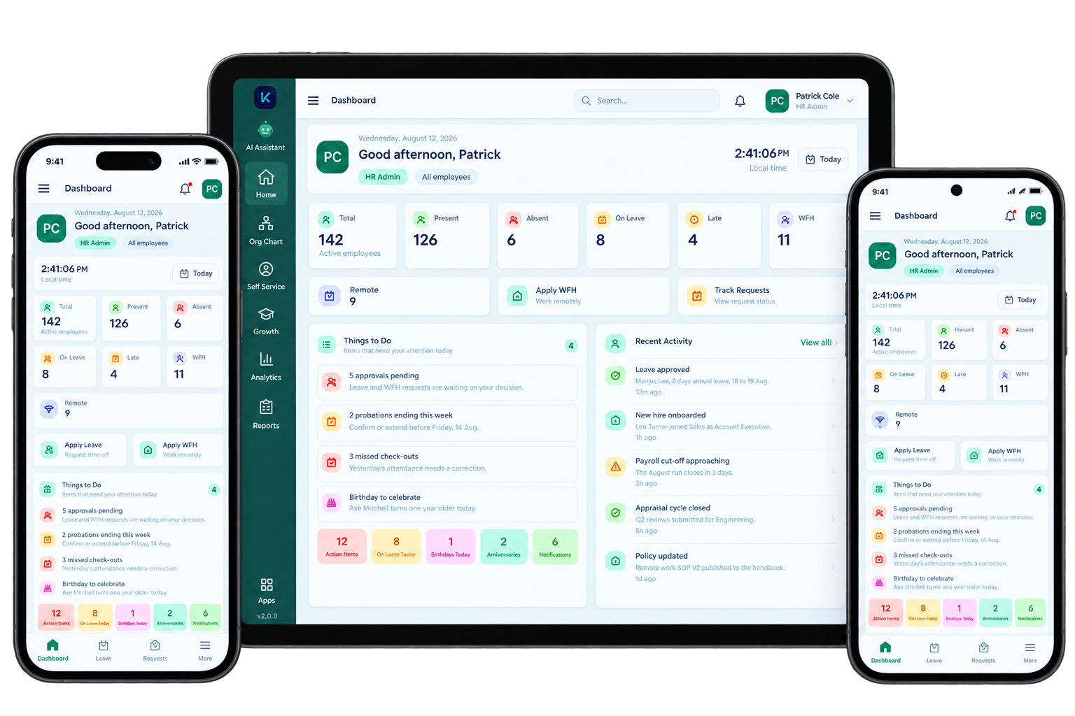 The Owesome HR dashboard on two phones and a tablet